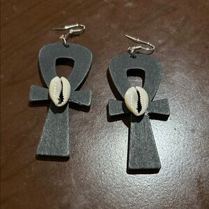 Black Ankh Wooden Earrings with Shell Detail!